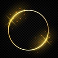 Circle shiny golden frame. Glowing round border greeting cards. Vector round shapes on transparent background