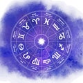 Circle with signs of zodiac on watercolor background. Vector ill