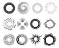 Circle sound icons. Black radial equalizer shapes, audio waves diagrams, round abstract compositions, music schemes