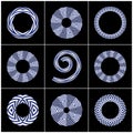 Circle and spiral shapes. Design elements set. Abstract blue and white icons on black background Royalty Free Stock Photo