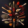 A Circle of Spoons Filled With a Variety of Spices. A circle of spoons filled with different types of spices Royalty Free Stock Photo