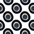 Circle spot silhouettes seamless pattern. Abstract geometry design with black and navy isolated ornament on white bakground