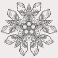 Circle spring and summer doodle ornament. Hand drawn mandala art with flowers and leaves black and white outline Royalty Free Stock Photo