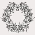 Circle spring and summer doodle ornament. Hand drawn mandala art with flowers and leaves black and white outline Royalty Free Stock Photo