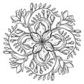 Circle spring and summer doodle ornament. Hand drawn mandala art with flowers and leaves black and white outline Royalty Free Stock Photo