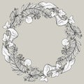 Circle spring and summer doodle ornament. Hand drawn mandala art with flowers and leaves black and white outline Royalty Free Stock Photo