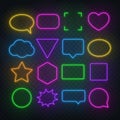 Circle, square, speech bubble, star, triangle, heart, hexagon and other glowing red neon frames on a dark transparent Royalty Free Stock Photo