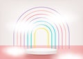 Circle stage podium decor with rainbow arch shape, clouds. Pedestal scene with for product stand, advertising, show, winner.