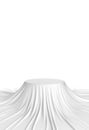 Circle stage podium stand white fabric. White tablecloth wrinkled flow fluttering cloth clean clear concept.