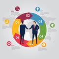 Circle step info-graphic world map color. Business people agreement standing handshake wearing suite formal. Concept