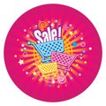 Circle sticker of Sale. Supermarket trolleys on the decorative background with rays, stars and confetti.