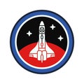 Circle stripe silhouette vector logo of aerospace mars program multistage rocket. Galaxy investigations emblem. Cartoon