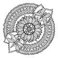Circle summer doodle flower ornament. Hand drawn art mandala.