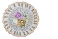 Circle of ukrainian money - 500 banknotes hryvnia and two stacks of 100 and 200 banknotes bill and coin isolated on white bac