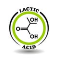 Circle vector icon with chemical formula of Lactic Milk Acid symbol for packaging signs of cosmetics, tags of medical products