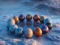 Circle of 10 vibrant alien eggs on rugged terrain, arranged in geometric composition Eggs display unique patterns and colors, from Royalty Free Stock Photo