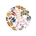 Circle with watercolor shoes, fashion illustration