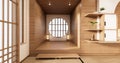 The circle window wooden design idea of room japan and tatami mat. 3D rendering