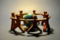 Circle of wooden people holding hands around blue globe. Men Saving Earth Royalty Free Stock Photo