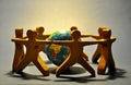 Circle of wooden people holding hands around blue globe. Men Saving Earth Royalty Free Stock Photo