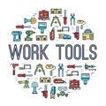 Circle of working tools icons items design. Construction instruments with any elements set. Diy, building, work outline