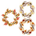 Circle wreaths of leaves and twigs berry in trendy autumn shades Copy space Greetings cards idea Royalty Free Stock Photo
