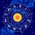 Circle with zodiac signs, constellations, yellow sun and abstract blue background Royalty Free Stock Photo