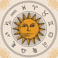 Circle zodiac signs with hand drawn sun Royalty Free Stock Photo