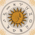 Circle zodiac signs with hand drawn sun Royalty Free Stock Photo