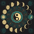 Circle of Zodiac signs with hand-drawn yin yang oriental symbol