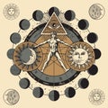 Circle of Zodiac signs with Vitruvian man, Sun and and moon Royalty Free Stock Photo