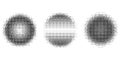 Circles with bitmap pixel effect. Round shapes with arcade game pattern texture. Y2k halftone vector texture with glow