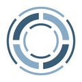 3 circles cut into parts, one thin and wide ring inside another, criss-cross aim icon. Shades of blue, flat design on white