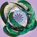 RETRO STYLE INDIAN FLOWER MANDALA WITH CIRCLES AROUND, IN DARK GREEN, FLOWER IN THE BACK IN PASTEL COLORS