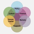 Circles of different colors with the words: policy, culture, finance, human capital, markets, supports inside of them