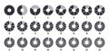 Circles divided into parts from 1 to 24. Black round chart for infographic, pie portion or pizza slice. Wheel division