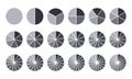 Circles divided into parts from 1 to 18. Black round chart for infographic, pie portion or pizza slice. Wheel division