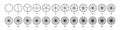 Circles divided into parts from 1 to 24. Doodle outline round chart for infographic, pie portion or pizza slice. Wheel