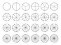 Circles divided into parts from 1 to 24. Outline round chart for infographic, pie portion or pizza slice. Wheel division