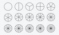 Circles divided into parts from 1 to 15. Outline round chart for infographic, pie portion or pizza slice. Wheel division