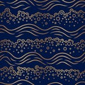 Texture with gold soap bubbles. Golden ocean wave on blue background. Abstract waves seamless pattern. Sea wavy design for prints.