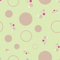 Circles on green, Bouncing circles, Pink bubbles floating over green background, seamless repeat vector