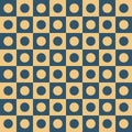 Circles inside squares ornament vector seamless pattern. Geometrical backdrop. Blue and yellow abstract background motif.