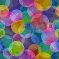 Circles multi-colored neon watercolor seamless pattern. Abstract watercolour background with colorful circles on black