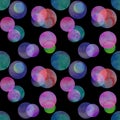 Circles multi-colored neon watercolor seamless pattern. Abstract watercolour background with colorful circles on black Royalty Free Stock Photo