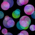 Circles multi-colored neon watercolor seamless pattern. Abstract watercolour background with colorful circles on black Royalty Free Stock Photo