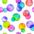 Circles multi-colored neon watercolor seamless pattern. Abstract watercolour background with colorful circles o Royalty Free Stock Photo