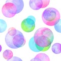 Circles multi-colored watercolor seamless pattern. Abstract watercolour background with colorful circles o Royalty Free Stock Photo