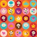 Circles pattern cute baby panda bears flowers clouds