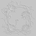 Circlet of lotus flowers. Lotus flowers lines 3d textured pattern. Decorative embossed floral white background. Line art hand